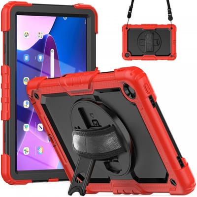 Hoes met ingebouwde Screenprotector Geschikt voor Lenovo Tab M10 Plus Gen 3 (10.6) | Inclusief Handriem en Schouderriem | Extreme bescherming | Ideaal voor zakelijk gebruik | Rood