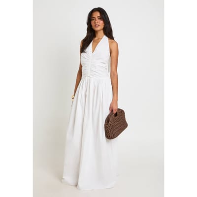 boohoo Dames Katoenen Popeline Halternek Maxi-jurk Met Gerimpelde Voorzoom En Skater-model | Wit | Maat: 38