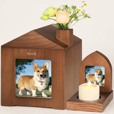 Gloovon® Huisdier Urn - Eikenhouten Gedenkset met Fotolijst - Inclusief Kaarsenhouder & Vaasje - Voor Hond of Kat tot 15kg - 1.04L