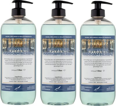 Douchegel Hammam Herbal 1 liter - set van 3 stuks - met gratis pomp - showergel