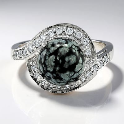 Cavill - Zilveren Ring 925 Sterling met 3,62 ct Sneeuwvlok Obsidiaan Cabochon en 24 Pavé Zirkonen 0,56 ct - Elegante Unieke Damesring