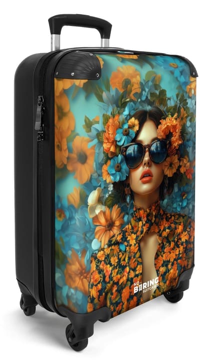 NoBoringSuitcases.com® - Handbagage koffer lichtgewicht - Reiskoffer trolley - Vrouw met blauw en oranje bloemen - Reis rolkoffer met wieltjes - Cabin koffertje klein - Carryon valies - Harde bagagekoffer - Past binnen 55x40x20 en 55x35x25