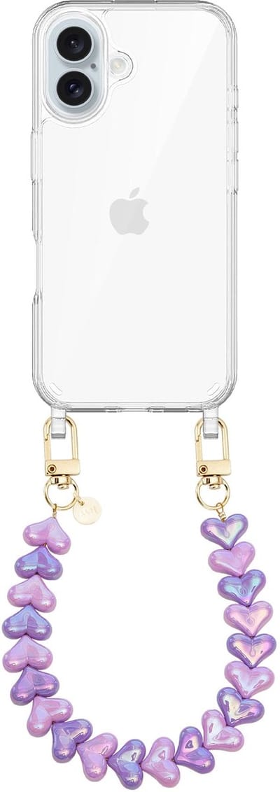 xoxo Wildhearts siliconen hoesje - Geschikt voor iPhone 17 hoesje - Funky Hearts (Pink & Purple Metallic) - Telefoonhoesje - Hoesje met koord - Roze en Paars koord - kort telefoonkoord - Hartjes ketting - Transparant hoesje