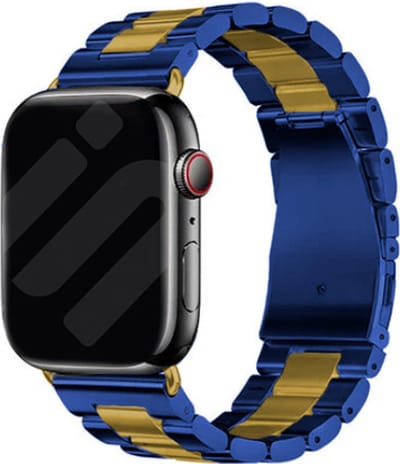 Strap-it Stalen schakel band - Geschikt voor Apple Watch bandje - Series 1/2/3/4/5/6/7/8/9/10/11/SE/SE2/SE3 - Blauw/Goud - Metalen band met RVS vlindersluiting - RVS iWatch bandje voor maat: 38 / 40 / 41 / 42mm