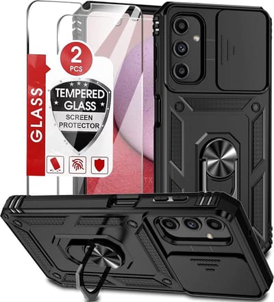 Hoesje Geschikt Voor Samsung Galaxy A14 hoesje Zwart met Ring Houder en camera bescherming - Galaxy A14 Screenprotector - 2 stuks