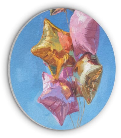 Akoestisch wandpaneel rond 50x50 cm - Vilt schilderij Ballonnen - Goud - Stervorm - Roze - Ronde akoestische panelen - Geluidsdempende wanddecoratie - Geluidsisolatie wandcirkel - Muurdecoratie geluidspanelen
