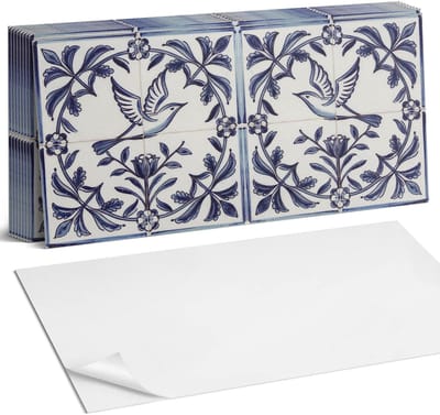 Coloray Plaktegels - Vogel tussen plantenmotief Zelfklevende Wandtegels - 40 cm x 20 cm - Blauw Plaktegels - 10 stuks - Rechthoek PVC Tegels - Plaktegels Badkamer - Vloertegels Zelfklevend - Vinyl Tegels Zelfklevend - Portugese Tegels