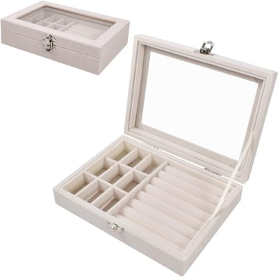 Sieradenopbergdoos met 9 vakken, fluwelen interieur en transparant deksel voor sieraden, ringen, oorbellen en kettingen