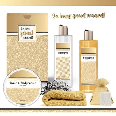 Geschenkset “Je bent goud waard!” - 5 producten - 730 gram - Triomf Cosmetica | Giftset voor haar Wellness Pakketje Vrouw Vriendin Cadeaupakket Bedankt Collega Cadeautje Zus Oma Moeder Vrijwilligster Zorg Moederdag Kerstpakketje Cadeau Gift Set Goud