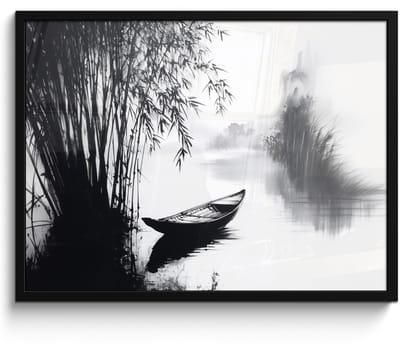 Poster in lijst - Fotolijst 70x50 cm - Posters - Boot - Rivier - Bamboe - Wit - Posterlijst zwart - Decoratie - Wanddecoratie woonkamer - Muurdecoratie slaapkamer