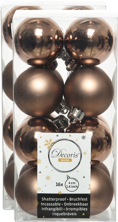Decoris kleine kerstballen - 32x st - walnoot bruin - 4 cm - kunststof - kerstversiering