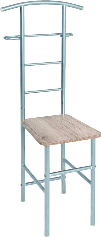 Dressboy met stoel – Zilverkleurig aluminium met MDF zitting – Kledinghouder – 46 cm breed, 46 cm diep, 109 cm hoog