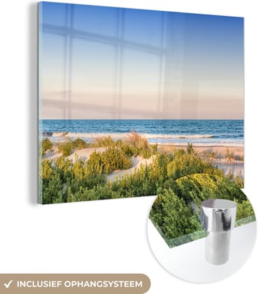 MuchoWow® Glasschilderij 160x120 cm - Schilderij acrylglas - Strand - Planten - Licht - Foto op glas - Muurdecoratie woonkamer - Wanddecoratie slaapkamer - Schilderijen