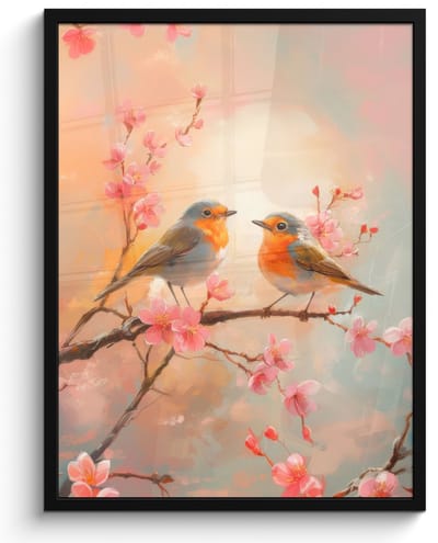 Poster in lijst - Fotolijst 50x70 cm - Posters - Roodborstjes - Sierlijk - Bloesemtak - Posterlijst zwart - Decoratie - Wanddecoratie woonkamer - Muurdecoratie slaapkamer