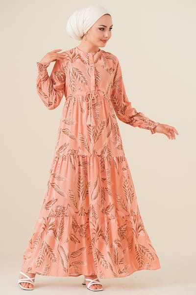 Bladprint Lange Mouw Tiered Maxi Jurk