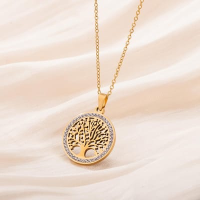 Dames RVS Goudkleur Levensboom Ketting met Helder Zirkoon ronde Hanger Luxe Sieraden Cadeau voor Bruiloften beige