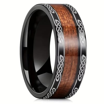 Bagues Mode Couleur Cuivre Hommes Acier Inoxydable Bois de Koa Bord Dentelé Bagues de Fiançailles Pour Hommes Femmes Bijoux Cadeaux de Mariage Fête 9 black
