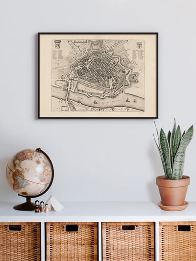 Poster In Zwarte Lijst - Historische Oude Kaart Arnhem - Stadsplattegrond 1652 - 50x70 cm