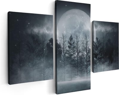 Artaza Canvas Schilderij Drieluik Maan tussen de Bomen in de Nacht - 90x60 - Foto Op Canvas - Canvas Print