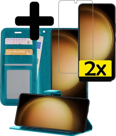 Hoesje - Met 2x Screenprotector - Geschikt voor Samsung Galaxy S23 - Luxe Pasjeshouder - Bookcase Portemonee - Flip Case - Kunstleer Book Case - Flipcase Hoes - Book Cover - Walletcase - Portemonneehoes - Telefoonhoesjes - Turquoise