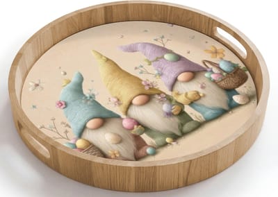 Dienblad rond 40x40 cm - Schootdienblad hout - Kabouters - Pasen - Eieren - Bloemen - Borrelplank rechthoek - Plateau houten dienbladen