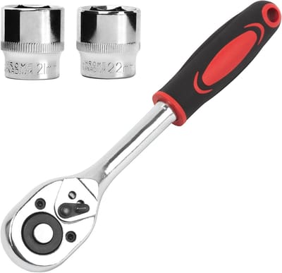 Omschakelbare Ratel 3/8" Inch met Dop 21 mm en 22 mm, Zeskantbitdoppen en Verlengstuk 205 mm, Drukknopontgrendeling
