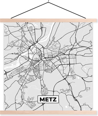 Posterhanger incl. Poster 40x40 cm - Schoolplaat - Plattegrond - Metz - Stadskaart - Kaart - Frankrijk - Textielposter - Blanke latten - Stadskaart