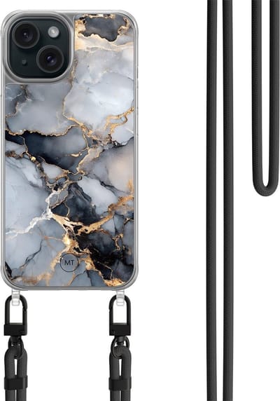 Hoesje met koord geschikt voor iPhone 13 - Marble mist - Inclusief zwart koord - Crossbody beschermhoes - Transparant, Grijs, Goud - Mooie Telefoonhoesjes