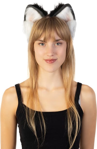 KIMU® Haarband Furry Oortjes Zwart Wit Roze - Kat Poes Vos Diadeem Dons Dieren - Evenement Dierenoren Oor Oren Vilt Lynx Hond Wolf Haren Festival