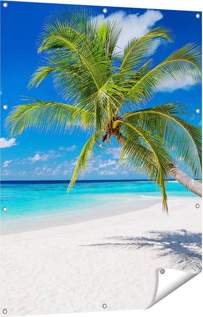 Gards Tuinposter Tropisch Strand met een Palmboom - 90x120 cm - Tuindoek - Tuindecoratie - Wanddecoratie buiten - Tuinschilderij