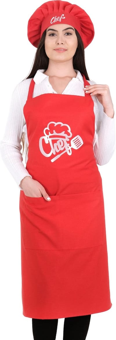 Chef Keukenschort met koksmuts 65x95 cm Rood Kookschort met zakken Keukenschort dames Schort voor vrouwen een voor mannen