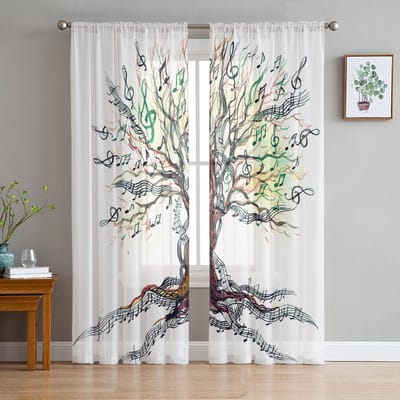 Muziekboom Plant Muzieknoten Witte Transparante Gordijnen voor Woonkamer Decoratie Raamgordijnen Keuken Tule Voile Gordijnen W135 x H137cm x1