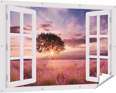 Gards Tuinposter Doorkijk Bloemenveld met Lavendel bij Zonsondergang - 150x100 cm - Tuindoek - Tuindecoratie - Wanddecoratie buiten - Tuinschilderij