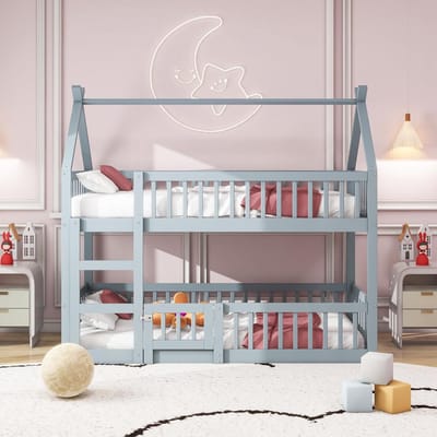 Hoogslaper met Trap - Kinderbed Loftbed - Spelen en Slapen - Massief Houten Frame - 90 x 200 cm - Grijs