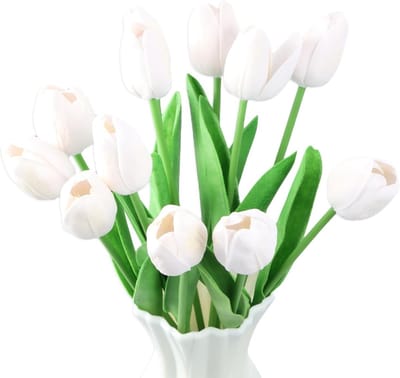 12 Stuks Realistische Kunsttulpen van 35 cm, Witte Bloemen voor Bruiloft, Feest en Thuisdecoratie
