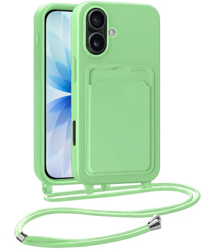 Hoesje Geschikt voor iPhone 17 Hoesje Met Telefoonkoord en Pasjeshouder Siliconen - Hoes Geschikt voor iPhone 17 Hoesje Met Kaarthouder Case - Groen