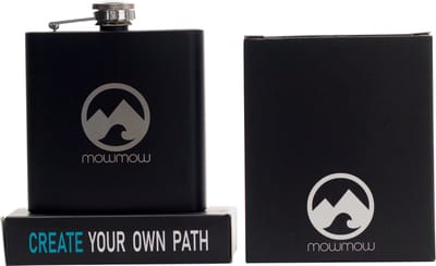 MowMow | Heupfles | Platvink| Flacon | Gelaserd logo | 175ml | Roestvrij staal | Zwart