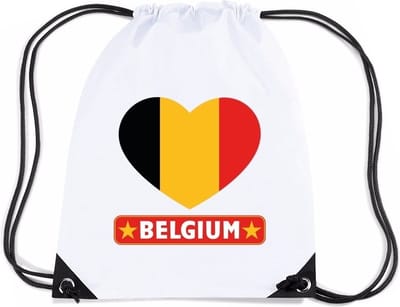 Belgie thema sporttas - nylon rijgkoord rugzak - wit met vlag print - supporters - 11 liter - 45 x 34 cm