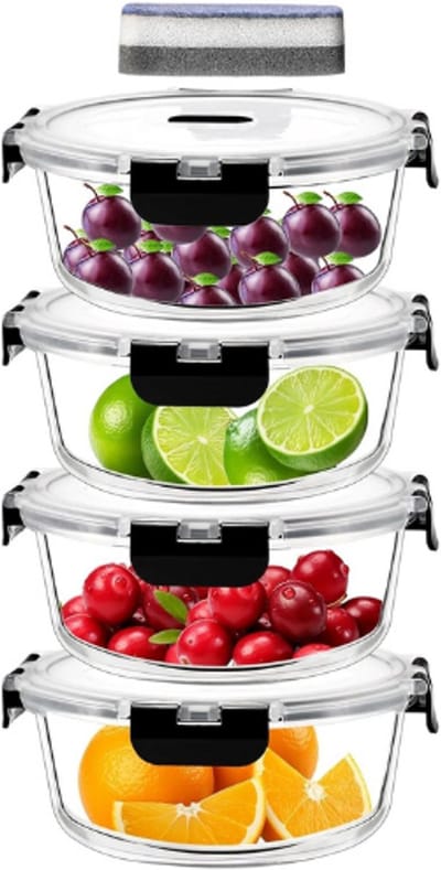 1300 ML Glazen Vershouddozen met Deksel - 4 Stuks - Ronde Maaltijdprep Dozen Glas met Deksel - Verzegelde Glazen Container voor Verse Maaltijden - Zwart