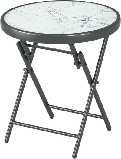 Kleine bijzettafel - Ronde tafel - Woonkamer decoratie - Marmorlook glasplaat - 45 x 50 cm - Donkergrijs