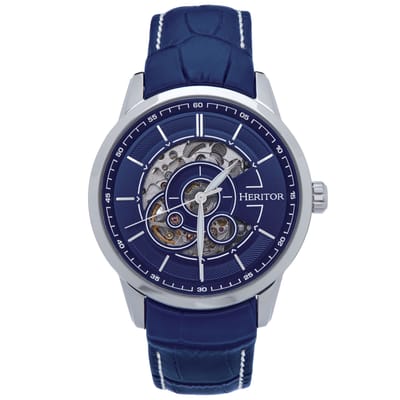 Heritor Automatic Davies Semi-Skelet leren band horloge - Zilver/Marineblauw