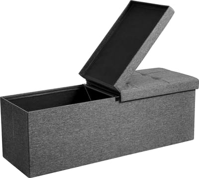 Opbergpoef 110 x 38 x 38 cm Donkergrijs 120L grote opbergruimte Dubbelzijdig opklapbaar deksel Opvouwbaar ontwerp voor ruimtebesparing Max. statische belasting 300 kg Zachte comfortabele zitting Geschikt voor woonkamer slaapkamer en hal