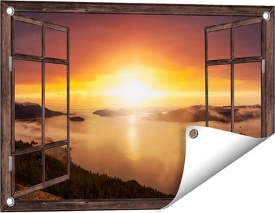 Gards Tuinposter Doorkijk Zonsondergang in de Bergen met Wolken - 60x40 cm - Tuindoek - Tuindecoratie - Wanddecoratie buiten - Tuinschilderij