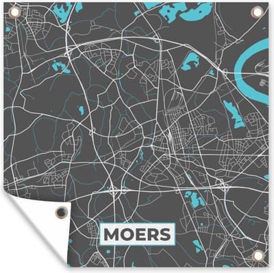 Tuin poster Plattegrond – Moers – Blauw – Stadskaart – Kaart - Duitsland - 200x200 cm - Tuindoek