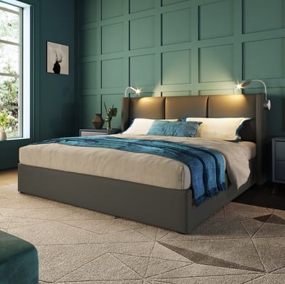 MEUNIQ gestoffeerd tweepersoons bed 160x200 cm met lattenbodem, opbergruimte, leeslamp en USB-laadfunctie, bedframe van kunstleer voor slaapkamer, grijs