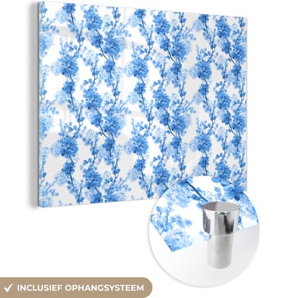 MuchoWow® Glasschilderij 160x120 cm - Schilderij acrylglas - Bloemen - Blauw - Hortensia - Foto op glas - Schilderijen