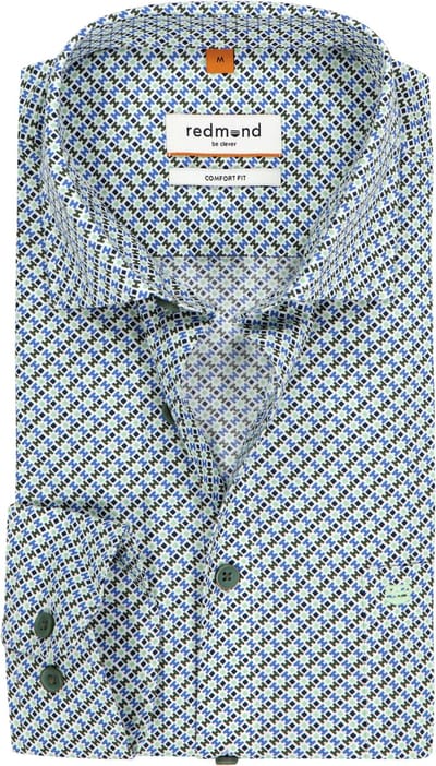 Redmond comfort fit overhemd - popeline - blauw met groen en wit dessin