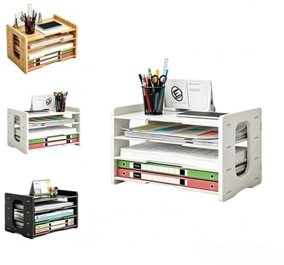 KZQ Houten Bureau-organizer - Vierlaags opbergrek, geschikt voor kantoren en scholen - Ruime opbergvakken voor notities, mappen en pennen - Wit - 36 x 25 x 22,2 cm