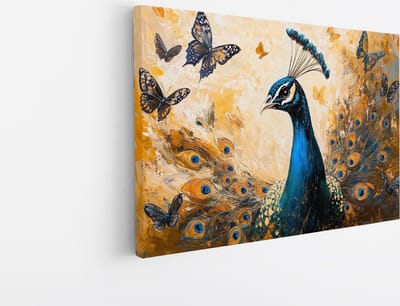 Saammp Canvas Schilderij - Pauw met Vlinders - Bloemen - Dieren - Natuur - 45x30 - Foto op canvas - Wanddecoratie - muurdecoratie Woonkamer - Slaapkamer decoratie - Canvas Print
