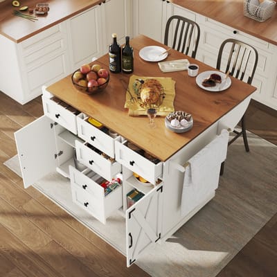 Hoogwaardige kookeiland, Multifunctionele serveerwagen met houtnerf & grote opslagruimte, Mobiele buffetkast, Keukenkar voor eetkamer, woonkamer, keuken, Wit
